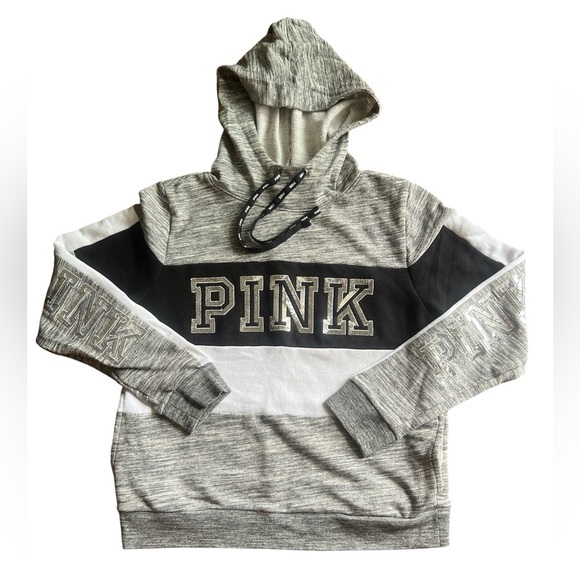 Victoria’s Secret PINK Colorblock Hoodie Gray White Black Large Pullover Logo - Picture 1 of 6